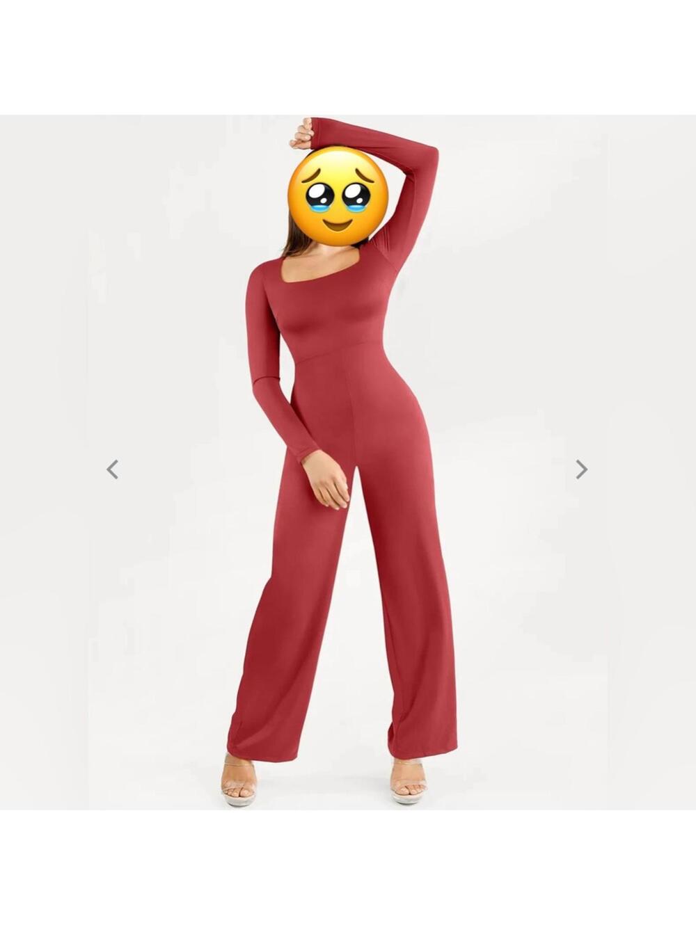 Popilush Shapewear Long Sleeve Square Neck Slimming Wide Leg Rust Red Jumpsuit